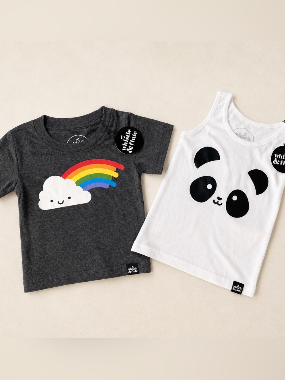 Whistle & Flute / Kids Kawaii Rainbow Cloud Tee & White & Black Panda Tank